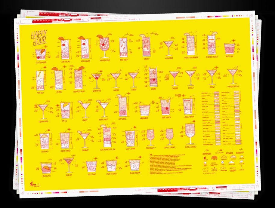 Poster Happy Hour. Représentation stratigraphique d'une quarantaine de cocktails
